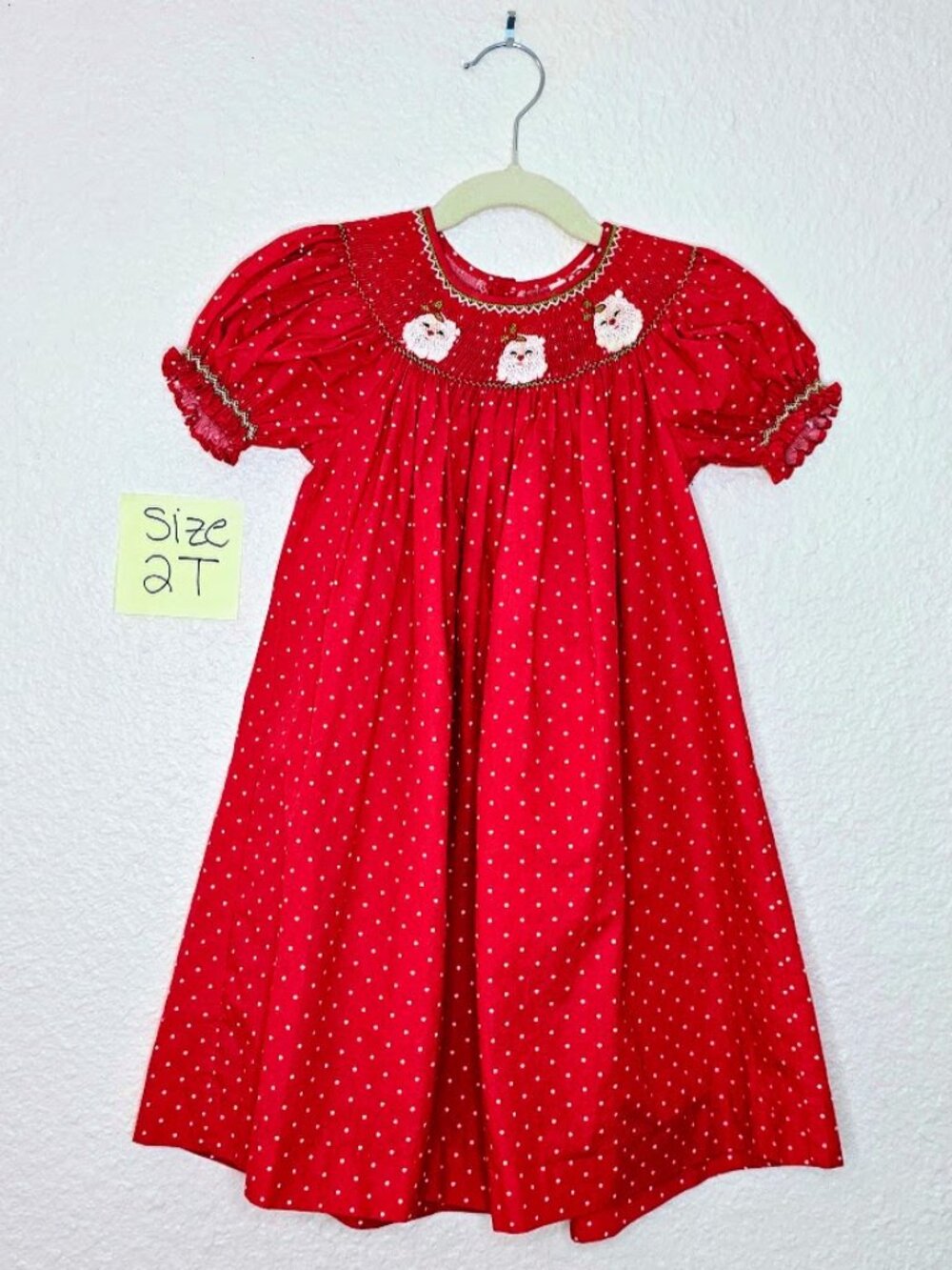 Mom & Me Girls 2T Smocked Santa Christmas Bishop Dress Red Polka Dot